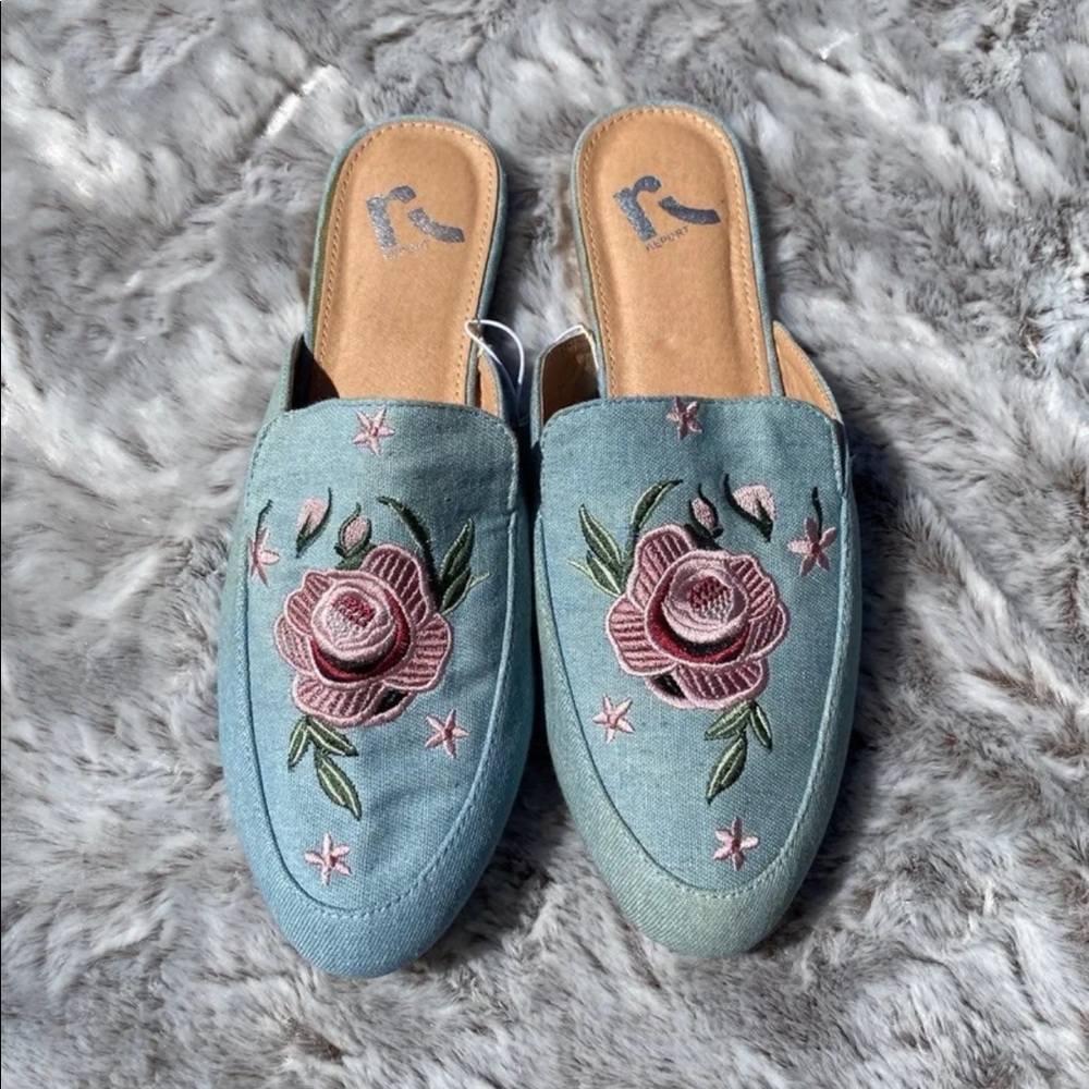 Denim rose embroidered mules